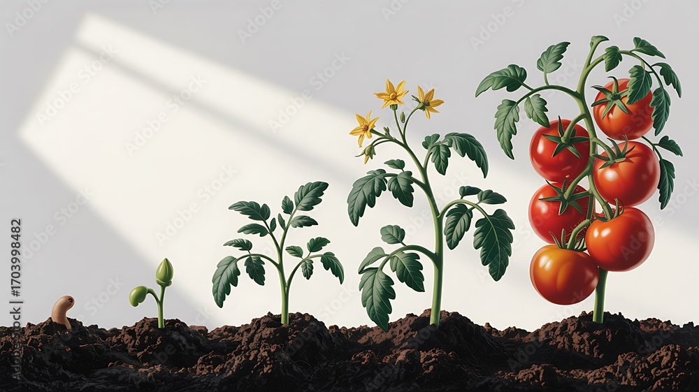 Growth stages of tomato plant from seed germination to flowering and ...