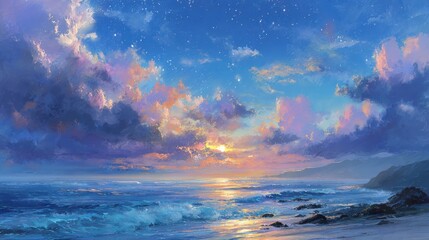 Wall Mural - A vibrant sunset illuminates the sky with shades of orange and pink, reflecting on the tranquil ocean waves. Stars begin to twinkle as the day transitions to night along the shoreline.