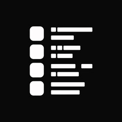 White menu icon with four rounded squares and text lines on a black background in a simple flat style