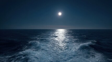 Wall Mural - The tranquil ocean stretches endlessly under a bright moon, its soft light spilling across the water. Gentle waves ripple, creating a soothing ambiance on a peaceful nighttime voyage.