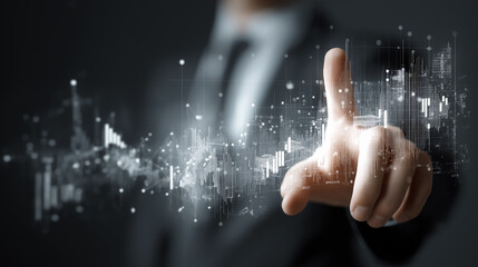 Businessman hand touch Virtual Financial Growth Dashboard.