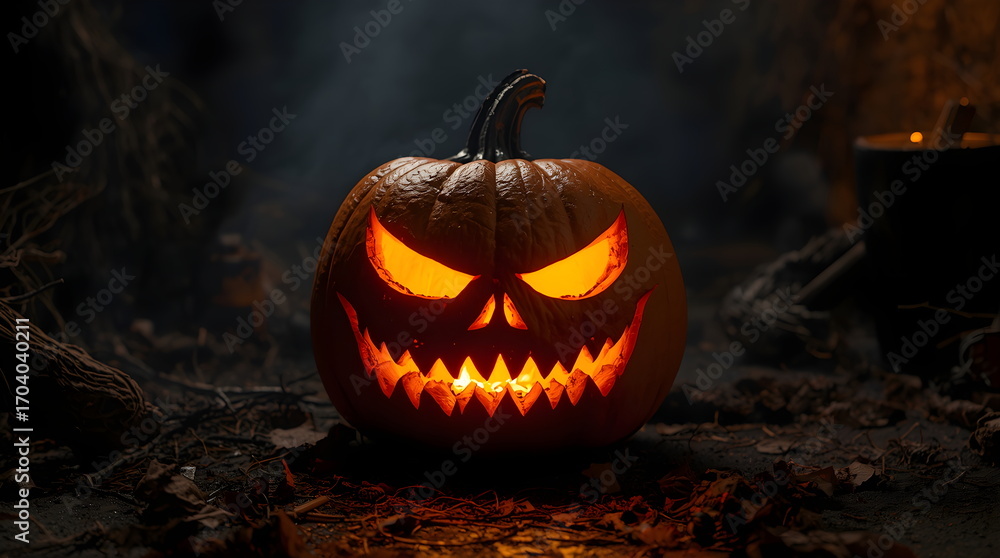 Creepy glowing jack o'lantern on the ground in a dark and spooky forest ...