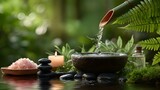 Tranquil Zen spa setup with bamboo fountain, flowing water, hot stones, and candles, promoting relaxation and wellness in nature.