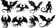 © Sharon  - dragon silhouette, fantasy creature, black vector, mythical beast, winged dragon, flying pose, dragon design, character art, creature icon, dragon form, vector illustration, monster shape, horned drag