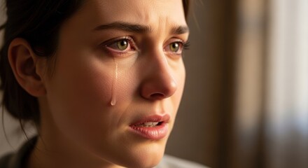 Wall Mural - a woman crying in a dimly lit room with a window in the background.
