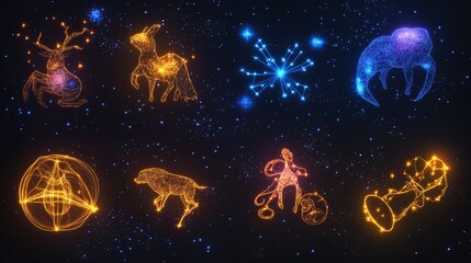 Wall Mural - Neon constellation art of zodiac signs set against a starry night sky. Astrological symbols