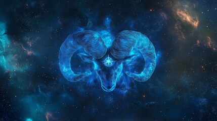 Wall Mural - Zodiac sign aries ram head glowing bright blue and night sky background. Astrology horoscope symbol