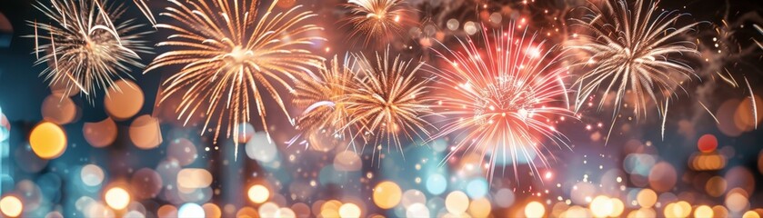 Colorful fireworks exploding over bokeh lights, festive celebration background