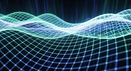 A vibrant digital landscape of undulating glowing grid lines, representing futuristic data visualization, network connectivity, and abstract technology waves