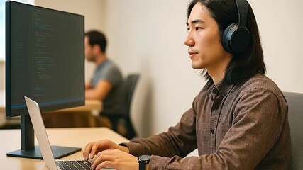 Focused Developer in Headphones Coding on Laptop and External Monitor in Modern Office Workspace