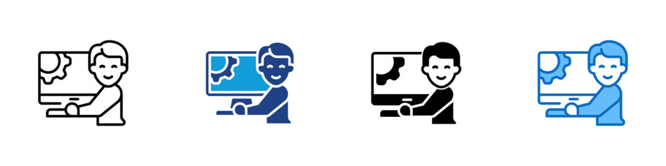 Programming Multiple Style Icon Design Vector - Person coding at computer, symbolizing programming, software, and digital development