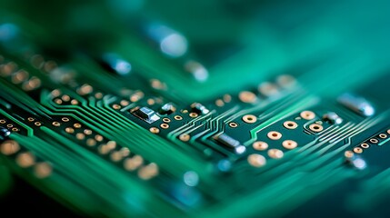 Abstract circuit board design, green and golden, representing technology and innovation