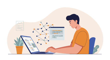 Developer programming with data visualization and code on laptop screen in modern workspace