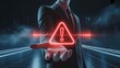 © Proshanto Mondol - Digital Alert: An enigmatic business professional, radiating authority, extends a hand towards a glowing, digitally rendered warning sign.
