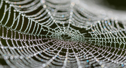 Sparkling dew drops adorn intricate spider web glistening with morning light, nature's delicate beauty