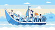 © Wardiyan - A diverse team collaborating on a boat, symbolizing teamwork, leadership, and a shared journey towards a common goal.