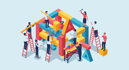 A diverse team of business professionals working together, using ladders and tools to build a large, colorful abstract structure from blocks.