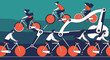 © Wardiyan - A stylized illustration of a team of people riding a complex, interconnected bicycle contraption, symbolizing teamwork, synergy, and progress.