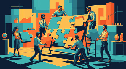 An illustration of a business team building a giant puzzle, symbolizing collaboration, strategy, and teamwork.