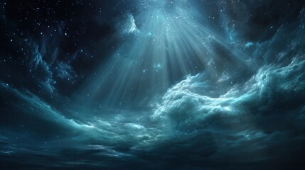 Wall Mural - Mystical blue nebula scene with spotlight beams and starry night sky background.