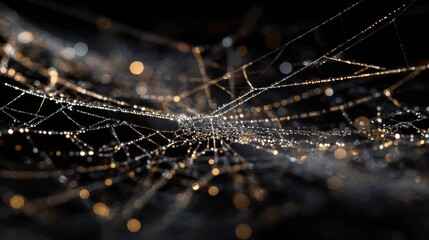 Intricate spiderweb glistening with morning dew, a delicate tapestry illuminated by ethereal lights