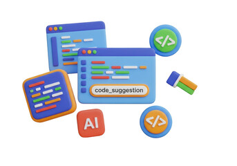 3d illustration of coding and ai elements isolated on transparent background