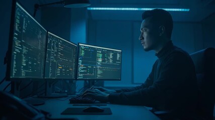 Focused programmer coding on multiple monitors in a dimly lit, modern office environment at night