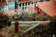 Selective focus on rustic wooden fence and wildflowers with blurred background of traditional red-tiled rooftops and colorful houses in Cudillero, Asturias, Spain; shallow depth of field