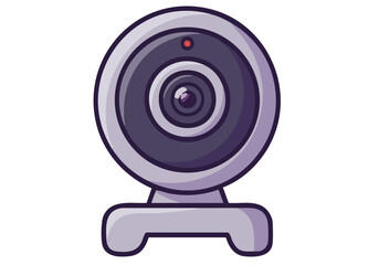 A cute, cartoon webcam icon with a red lens. Simple, modern design. Ideal for website graphics and digital illustrations. Clean, pastel purple background.