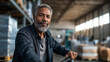 © Kateryna - A mature African American man hauls a pallet jack in a wide print shop warehouse his grip firm shelves overflowing with materials sunlight peeking through high windows forklift