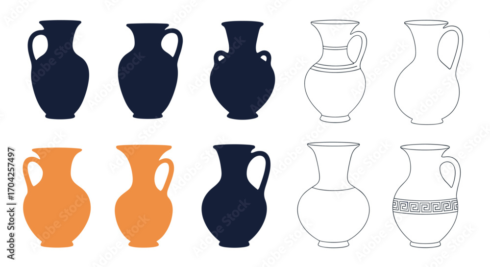 Collection of ancient ceramic vases and amphorae displayed as ...
