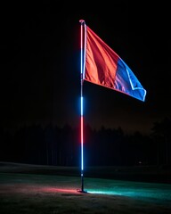 Wall Mural - A brightly lit flagpole displays a colorful flag at night. The flag features red and blue colors, illuminated by neon lights, set against a dark background.