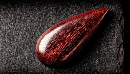 Polished red wood teardrop shape on dark stone.