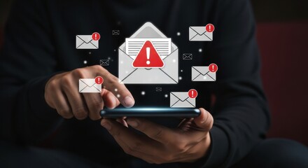 Person using smartphone with email notification icons and a warning symbol on screen