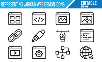 Internet and coding icon set with browser, globe, and gear elements