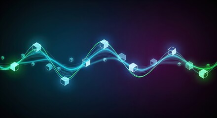 Abstract digital network data flow with glowing cubes and dynamic lines on a dark background, symbolizing technology, communication, and connectivity.