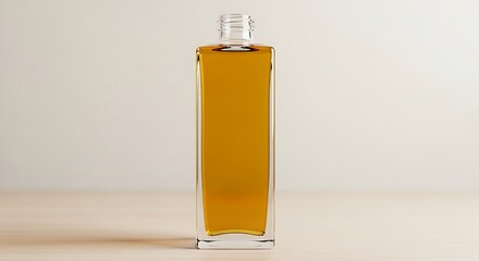 Rectangular Glass Bottle Filled with Amber Liquid.
