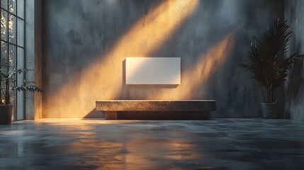 Wall Mural - Modern minimalist interior with dramatic sunlight shafts illuminating a concrete wall stone bench and blank frame