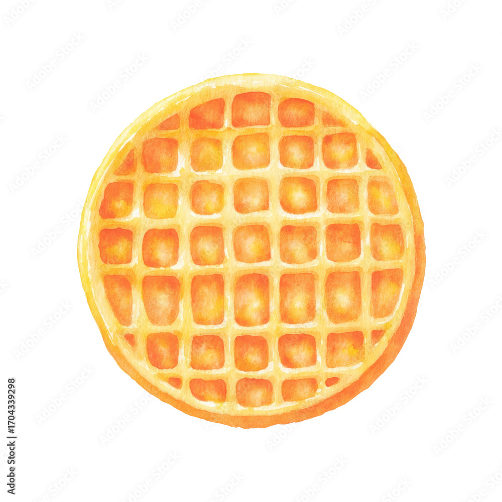 Colorful watercolor painting of a golden waffle against black ...