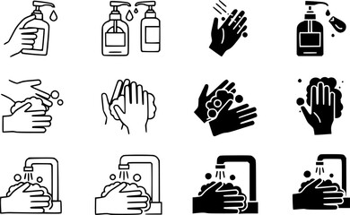Wall Mural - Sanitize hands icon set, line and black glyph style