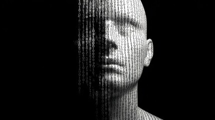 head with binary code background