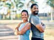 © Lumos sp - Portrait of smiling active young couple jogging exercising and having fun together taking a break after walking and running in the park, fitness and healhty living concept