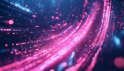 The illustration shows pink and blue light trails creating a dynamic, flowing abstract pattern against a dark background.