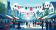© meeblues - Scenic vector illustration of a lively street market with people shopping, colorful stalls, and festive banners, capturing community, culture, and the vibrant atmosphere of local commerce