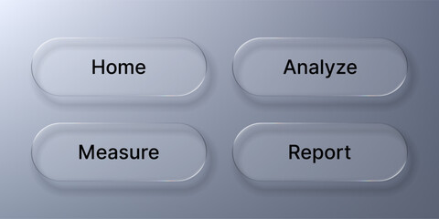 Four liquid glass morphism buttons with home, analyze, measure, and report words. Modern user interface design for web application or software.