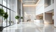 © Studicon - The spacious lobby features a marble reception desk, large windows offering city views, and potted plants adding natural elements to the contemporary design.