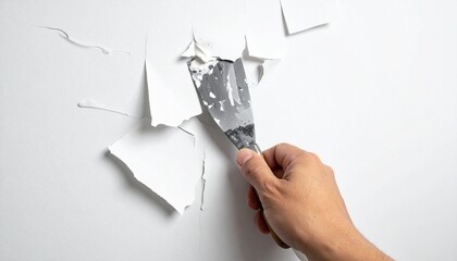 Hand applying white spackling paste to a cracked wall using a putty knife, illustrating a home repair process with focus on tool use and surface restoration.
