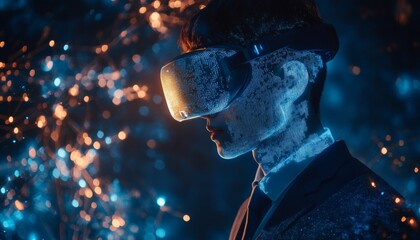 The illustration shows a person wearing a VR headset, their face and body are overlaid with a digital map-like pattern, set against a bokeh background of blue and orange lights.