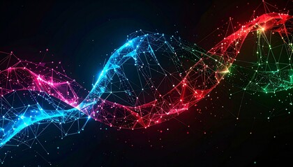 Abstract depiction of a vibrant DNA helix structure illuminated with colorful lights against a dark background