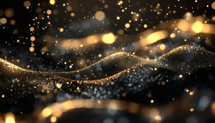The illustration shows a dark background with glittering gold and black particles forming wavy patterns, illuminated by bokeh effects.